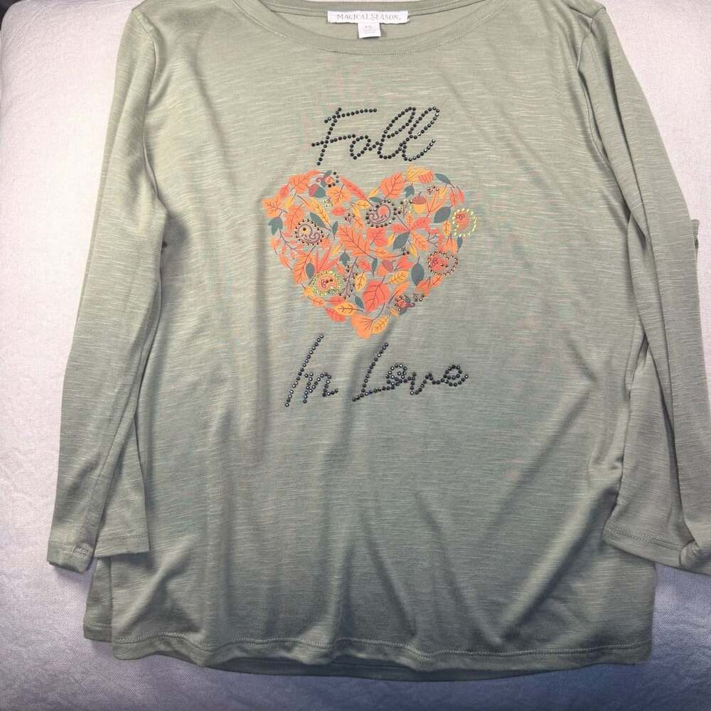 Magical Season Fall in Love Graphic Top Size PL Green Rhinestone Leaves